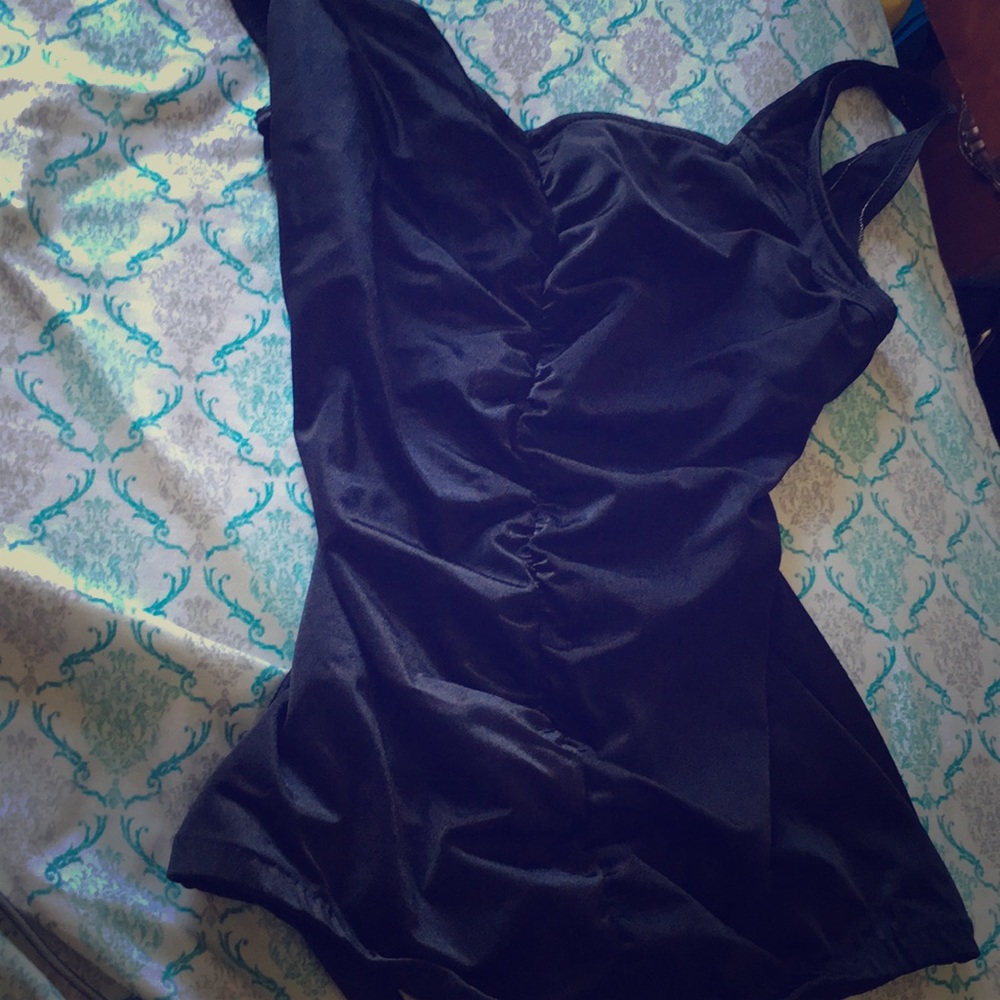 Black ruched one piece swimsuit with short bottoms